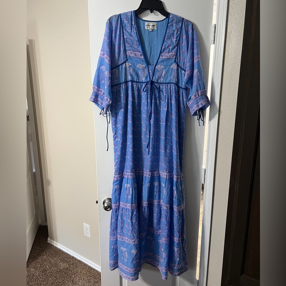 Antik Batik Blue and Purple Floral Cotton Tunic with Navy Trim